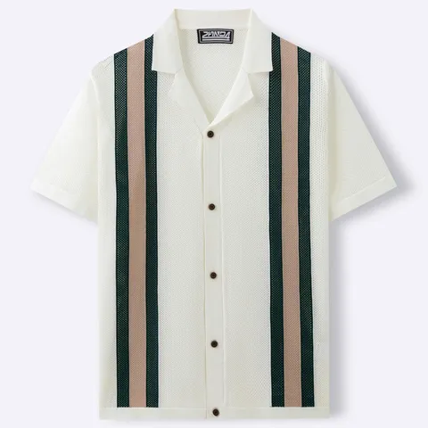 Men American Vintage Knit Polo Shirt Viscose Striped Slim Fit Button Cardigan Short Sleeve Breathable Summer Casual Top
