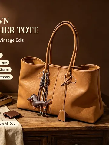 Vintage PU Leder Große Tragetasche Für Damen Mit Dackel Anhänger Pendler Schultertasche Täglich Handtasche Braun Schwarz