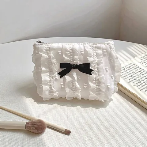 Borsa Per Trucco Carina Con Fiocco E Pizzo Poliestere Pieghettato Con Volant Pochette Cosmetica Donne Borsellino Quotidiano