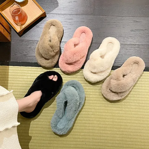 Damen Kunstpelz Überkreuzte Riemen Hausschuhe Warme Dicke Sohle Plüsch Slipper Für Zuhause Outdoor Winter Flache Schuhe