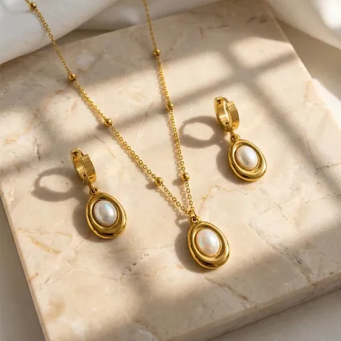 Gioielli Vintage In Acciaio Inossidabile Ciondolo Goccia Acqua Ovale Perla Artificial Sintetica Turchese Collana E Orecchini Donna Placcato Oro