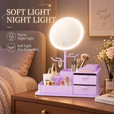 LED Makeup Mirror With Light Desktop Cosmetic Storage Box Jewelry Organizer Branch Rack Adjustable Touch Lighted Mirror Home Decor
