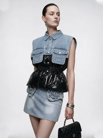 Gilet da Donna Patchwork in Denim Metallizzato Senza Maniche con Coulisse in Vita Tasche Moda American Streetwear Casual Gilet Top