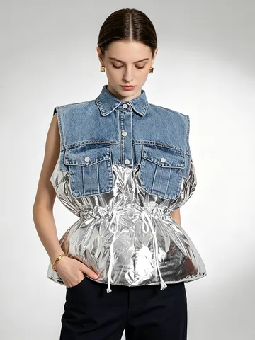 Gilet da Donna Patchwork in Denim Metallizzato Senza Maniche con Coulisse in Vita Tasche Moda American Streetwear Casual Gilet Top