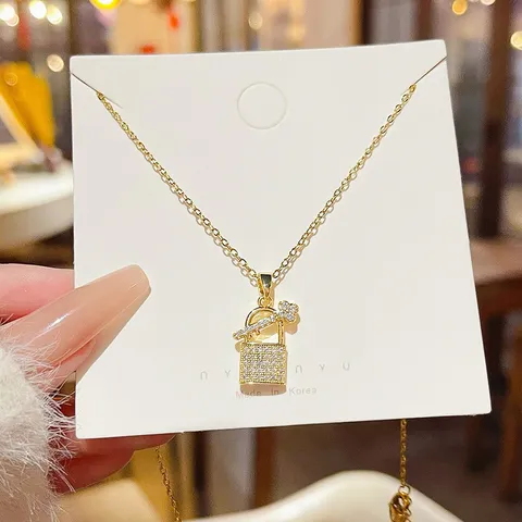 Titanium Steel Zirconia Pendant Necklace Women Light Luxury Gold Plated Fashion Niche Design Fish Tail Heart Lock Gift