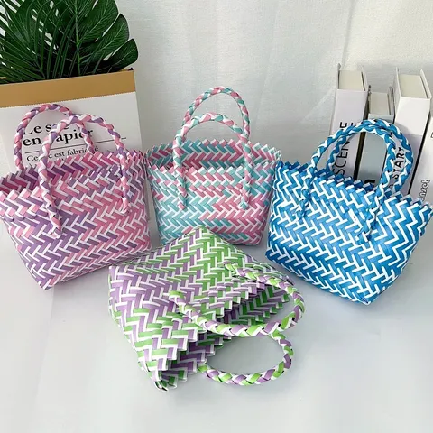 Handmade Woven Tote Bag PVC Plastic Colorful Summer Beach Basket Handbag With Large Bow Party Favors Gift For Women