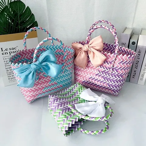 Handmade Woven Tote Bag PVC Plastic Colorful Summer Beach Basket Handbag With Large Bow Party Favors Gift For Women