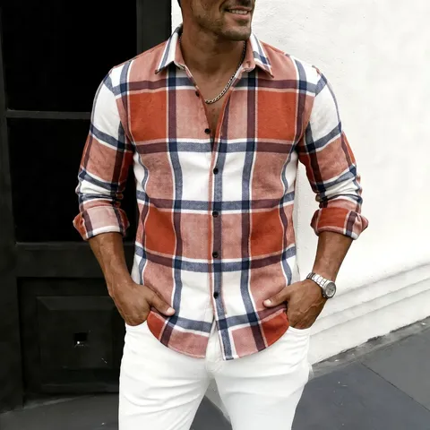 Camisa de Cuadros Para Hombre Manga Larga Mezcla Algodón Poliéster Engrosada Informal Ajuste Holgado Para Otoño Invierno
