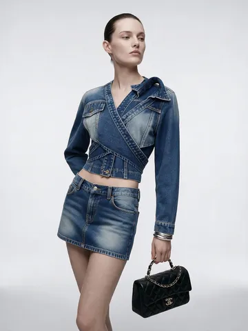 Women Cropped Denim Jacket Cross Asymmetrical V-Neck Washed Blue Cotton Long Sleeve Top With Back Bow Tie Fashion Streetwear
