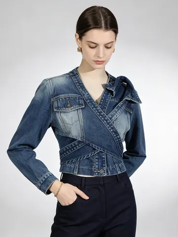 Women Cropped Denim Jacket Cross Asymmetrical V-Neck Washed Blue Cotton Long Sleeve Top With Back Bow Tie Fashion Streetwear