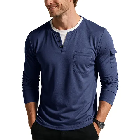 Heren T-Shirt Lange Mouwen Lagenlook Henley V-Hals Knoop Borstzak Gesplitst Kleur Casual Polyester Onderhemd Top