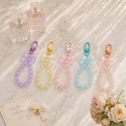Sweet Plastic Resin Bowknot Beaded Keychain Bag Charm Iridescent Mermaid Beads Phone Case Decoration Pendant For Women Girls Gift