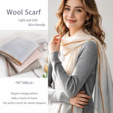 Elegant 100% Wool Jacquard Gradient Scarf For Women Light Luxury Thin Shawl Spring Summer Long Wrap With Fringed Edges