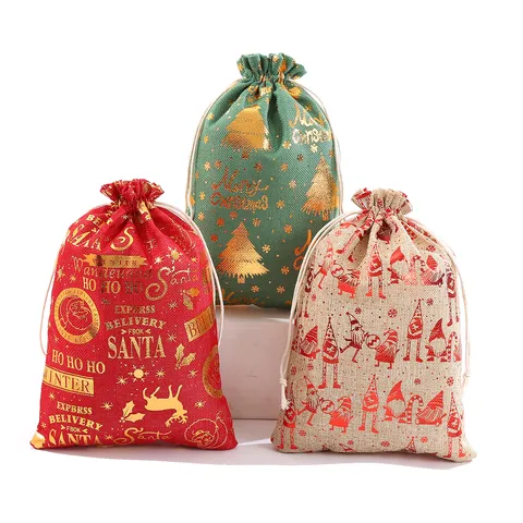 Sacchetto Regalo di Natale in Lino con Coulisse Stampa in Oro Babbo Natale Fiocco di Neve Renna Modello Festa Bomboniera Sacchetto Imballaggio Dolci