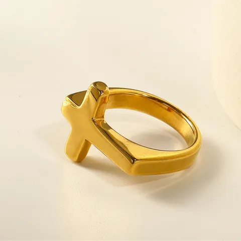 Anello Con Croce Minimalista Placcato Oro 18K Acciaio Al Titanio Fascia Larga Gioielli Di Moda Per Donne