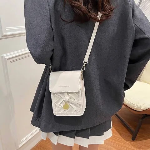 Women Small Square Crossbody Bag Fashion PU Leather Weaving Cell Phone Bag With Adjustable Strap Gold Hardware Messenger Bag