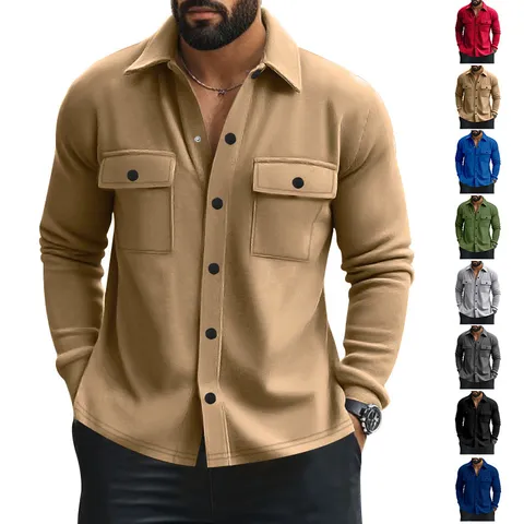 Men Casual Shacket Jacket Polyester Brushed Knitted Long Sleeve Button Down Lapel Shirt With Flap Chest Pockets