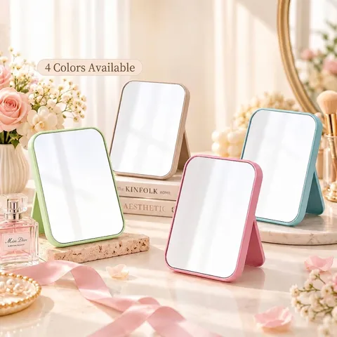 Folding Tabletop Makeup Mirror Portable Plastic Frame Desktop Vanity Mirror With Adjustable Stand For Dorm Travel Home Decor