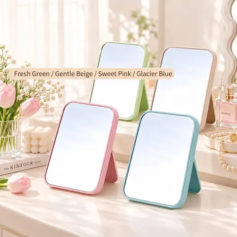 Folding Tabletop Makeup Mirror Portable Plastic Frame Desktop Vanity Mirror With Adjustable Stand For Dorm Travel Home Decor