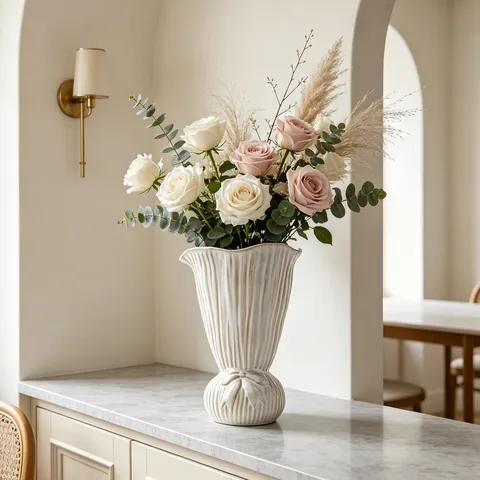Vaso per Fiori in Ceramica Nordica Bianco Crema Texture a Costine Dettaglio Fiocco Ornamento da Tavolo Moderno Minimalista per Casa