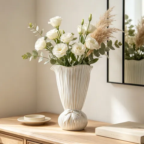 Vaso per Fiori in Ceramica Nordica Bianco Crema Texture a Costine Dettaglio Fiocco Ornamento da Tavolo Moderno Minimalista per Casa