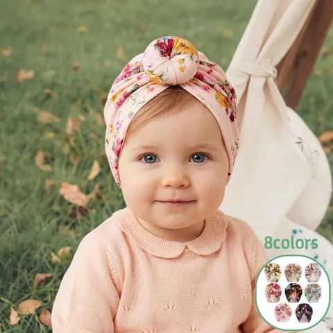 Boheemse Polyester Bloemen Tie-Dyed Baby Tulband Hoed Met Donut Knoop Zachte Warme Hoofdband Voor Zuigelingen En Peuters