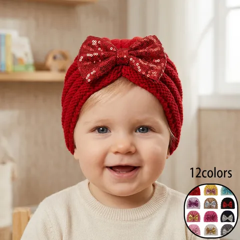 Newborn Baby Knitted Turban Hat With Large Sequin Bow Infant Toddler Warm Soft Beanie Cap Cute Headwrap For Girl Boys