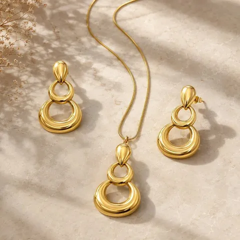 Exaggerated Stainless Steel Gold Jewelry Set For Women Geometric Triple Circle Hollow Water Drop Pendant Necklace Earrings