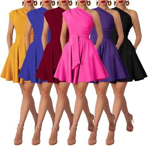 Vestito da Donna Monospalla Scollo Obliquo Con Cintura Mini Tinta Unita Sexy Slim Fit Senza Maniche a Linea Party