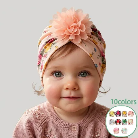 Floral Print Baby Turban Hat With Large 3D Flower Soft Polyester Newborn Beanie Headwear For Toddler Infants Baby Girls