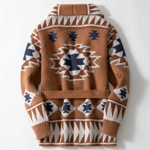 Cárdigan de Punto para Hombre Vintage American Retro Aztec Jacquard Chaqueta Suéter Con Cinturón Cuello Solapa Top Cálido