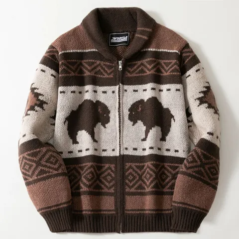 Men American Retro Bison Jacquard Knitted Cardigan Thickened Full Zipper Sweater Jacket Patchwork Geometric Pattern Knitwear Top