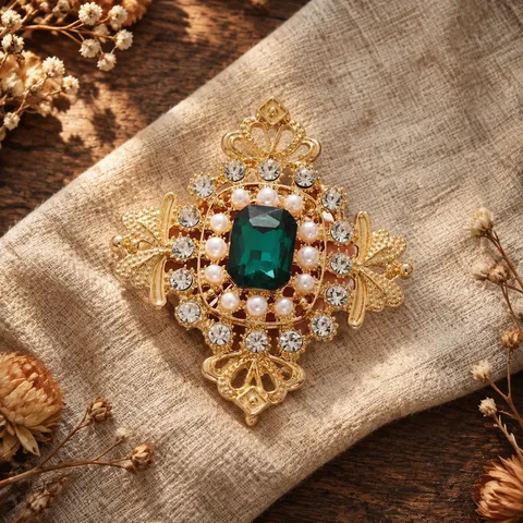 Vintage Koninklijke Stijl Legering Brosje Met Smaragdgroen Kristal Kunstparel Strass Elegante Ruitvorm Speld Voor Dames