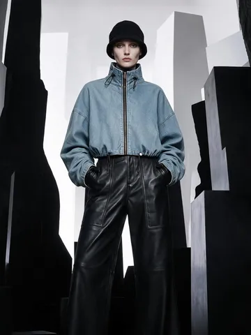 Women's Cropped Washed Denim Utility Jacket Loose Fit Stand Collar Drawstring Hem Zip Up Streetwear Outerwear Spring Autumn