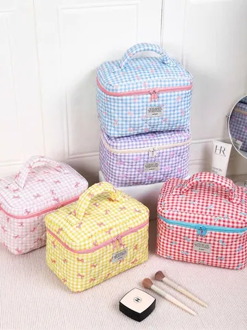 Bolsa De Maquillaje Algodón Acolchado Gran Capacidad Gingham Estampado Lazos Organizador Aseo Portátil Mujer