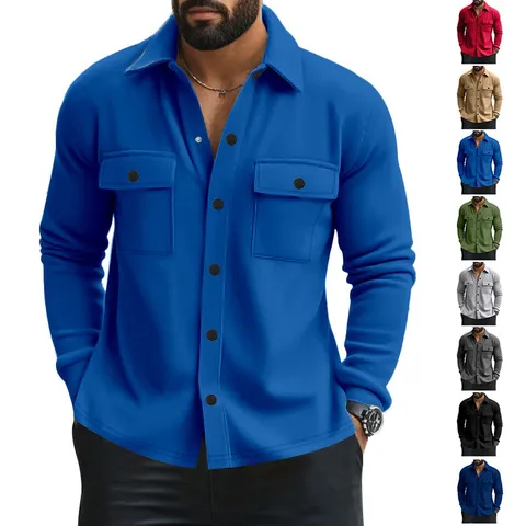 Men Shacket Shirt Jacket Casual Long Sleeve Lapel Collar Button Down Solid Color Outerwear With Chest Pockets Slim Fit