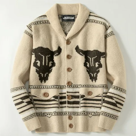 Men's Western Retro Bull Head Jacquard Knit Cardigan Shawl Collar Button Down Long Sleeve Sweater Top Vintage Outerwear