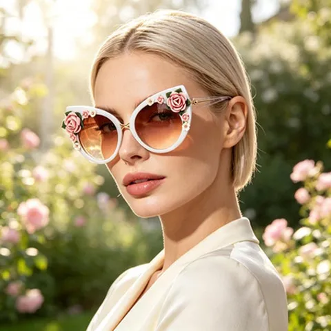 Lunettes De Soleil Yeux De Chat Pour Femmes Avec Décoration De Roses En Résine 3D Monture Plastique Verres Dégradés Rétro