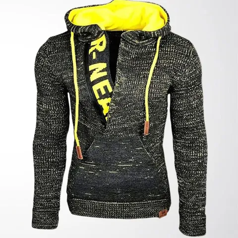 Men's Color Block Knit Hoodie Half Zip Pullover Sweater Warm Casual Loose Streetwear Top With Kangaroo Pocket
