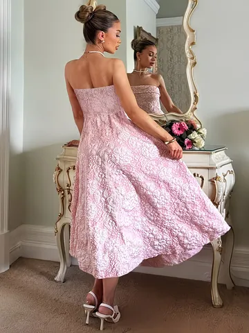 Dames Strapless Jacquard Midi Jurk Franse Vintage Elegante Feest Avondjurk Slanke Pasvorm Geweven Bloemenjurk
