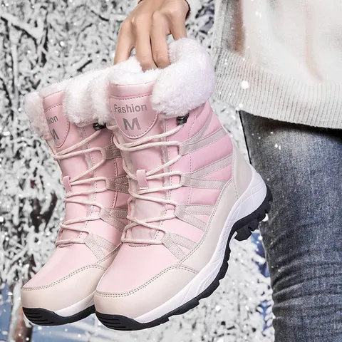 Women Winter Snow Boots Waterproof Umbrella Cloth Upper Faux Fur Lined Warm Non-slip Mid-calf Outdoor Walking Boots