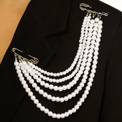 Fashion Multilayer Chain Tassel Safety Pin Brooch For Women Iron Artificial Pearl Crystal Jewelry Clothing Accessories Star Pendant