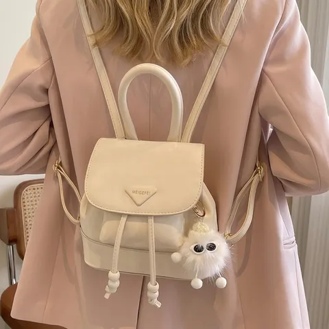 Mini Backpack PU Leather Drawstring Flap Closure Casual Travel Korean Style For Women With Fuzzy Monster Pendant