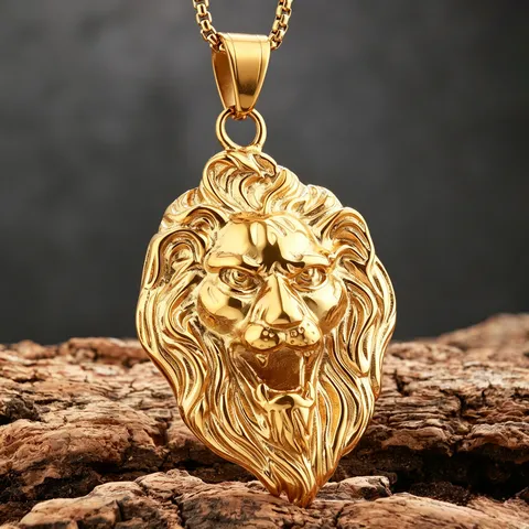 Lion Head Pendant Necklace Stainless Steel 3D Lion King Animal Punk Rock Vintage Gothic Jewelry For Men With Box Chain