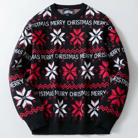 Men Christmas Jacquard Sweater Snowflake Merry Christmas Letter Knit Pullover Winter Festival Party Round Neck Long Sleeve Top