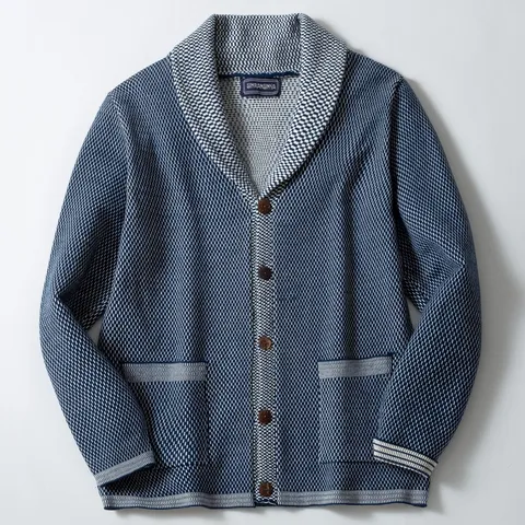 Men Retro Washed Denim Blue Knit Cardigan Sweater Loose Casual Shawl Collar Single Breasted Jacket With Pockets Fashion Knitwear Top