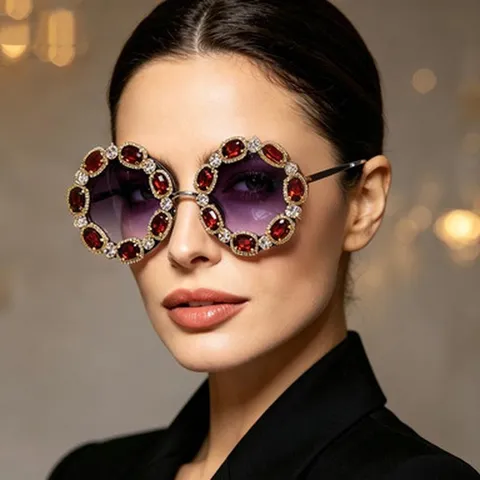 Women Luxury Round Large Frame Sunglasses Encrusted Crystal Rhinestone UV400 Retro Oversized Metal Frame Fashion