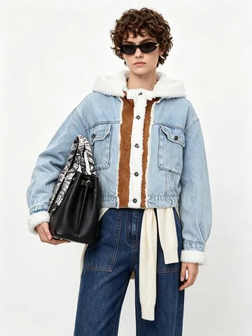Dames Casual Denim Lamswol Jas Patchwork Contrast Capuchon Korte Jeansjas Lange Mouw Winter Warm Streetwear Bovenkleding