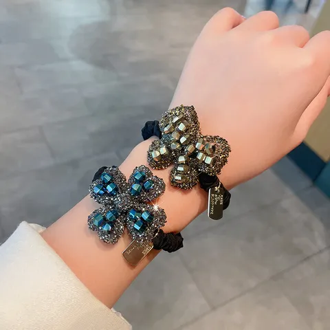 Koreaanse Stijl Exquisiet Strass Haarelastiek Individuele Verpakking Elastisch Legering Stof Scrunchie Haarbanden Accessoires Voor Dames Dagelijks