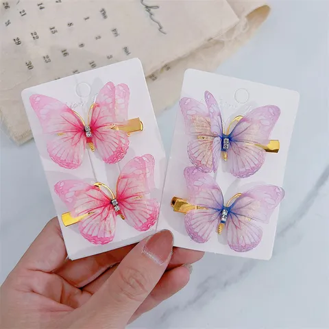 Kinder Vlinder Haarclips Set Dubbellaags Gaas Fee Haarspelden Zoete Strass Eendenbek Clips Voor Meisjes Haaraccessoires Cadeau